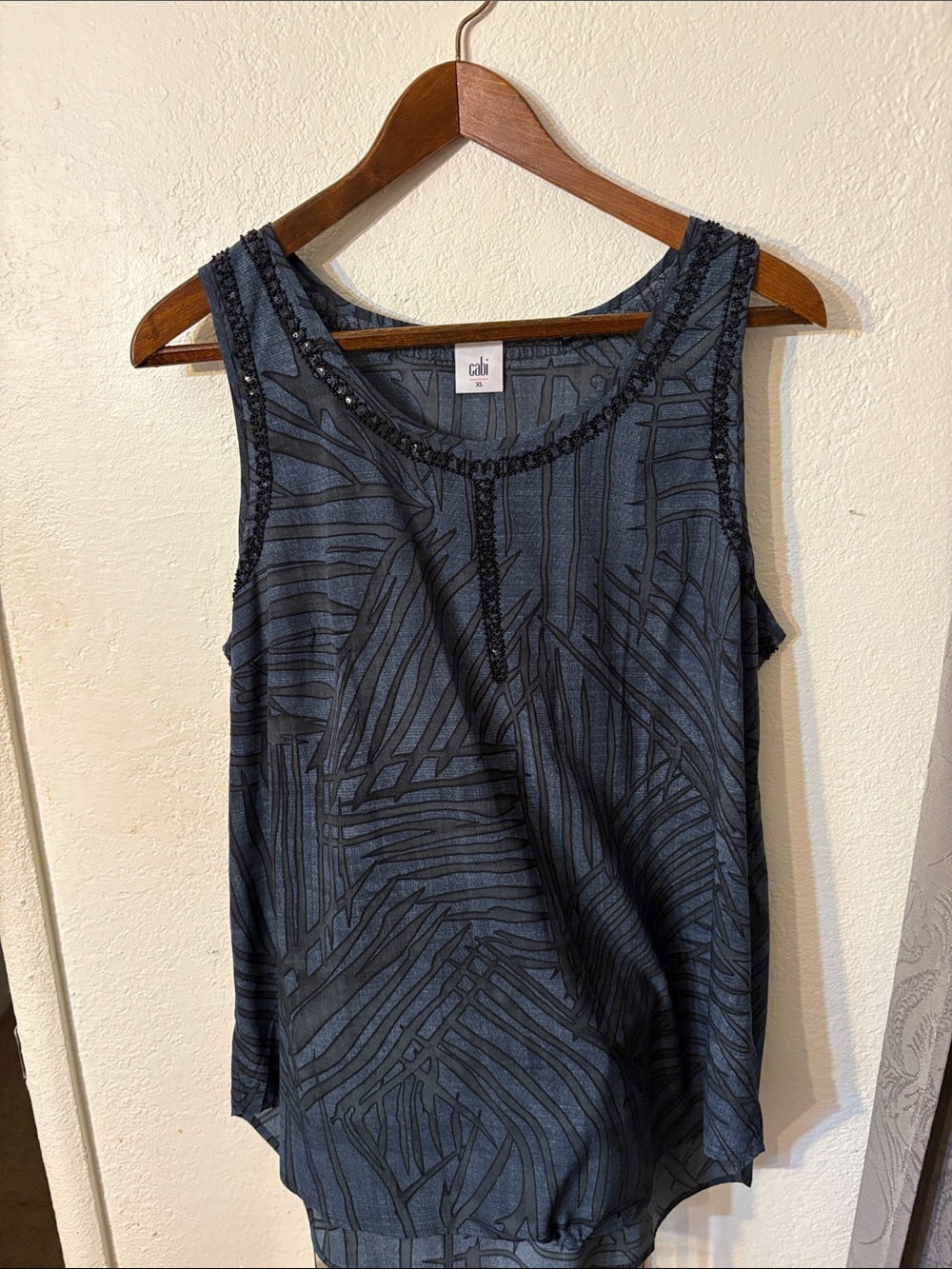 CAbi Blue Charcoal Patterned Tank with Beaded Neckline